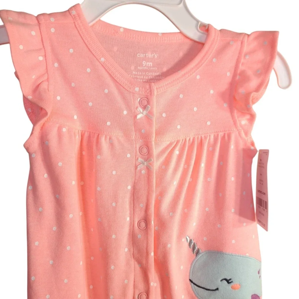 Carter's Girl's Narwhal Snap-Up Romper Size 9-Months Pink/Coral Ruffle Arms Legs